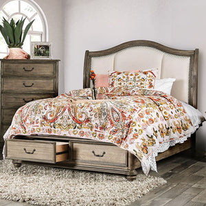 Belgrade Rustic Fabric Headboard Bed with Drawers (Natural/Ivory)