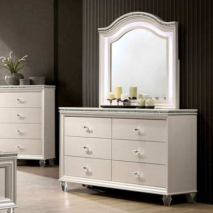 white contemporary dresser Aurora 6 Drawer small lights Bryan - Modern White Dresser