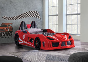 Trackster Racecar Bed with LED Lights (Red) – Fully Furnished
