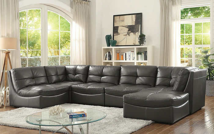 Libby 6pc Modular Sectional In Grey Leather Gel Fully Furnished