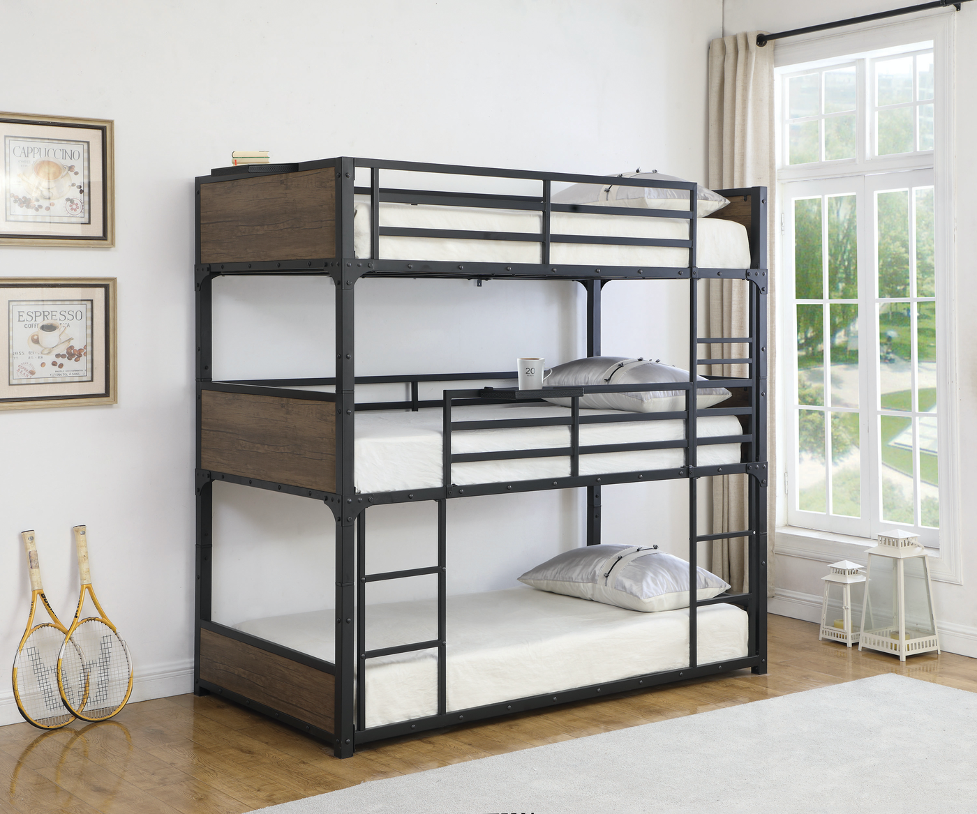 Nickerson Twin Triple Bunk Bed Matte Black Fully Furnished