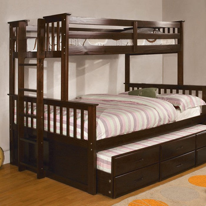 University Twin-Over-Full Bunk Bed with Trundle (Dark Walnut)