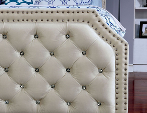 Claudine Crystal-Like Button Upholstered Bed (Beige)