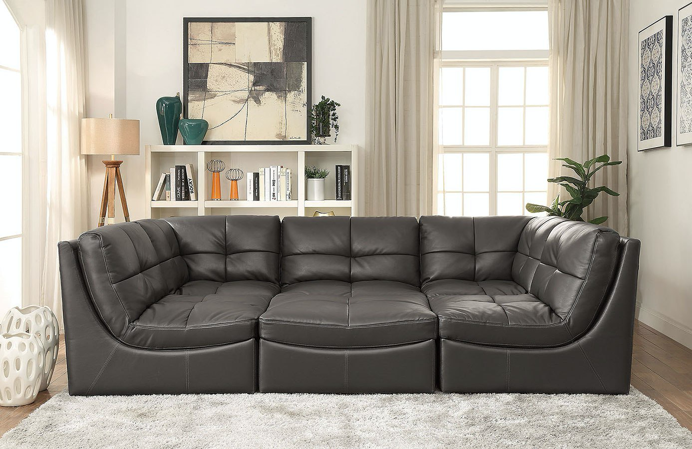 Libby 6pc Modular Sectional In Grey Leather Gel Fully Furnished