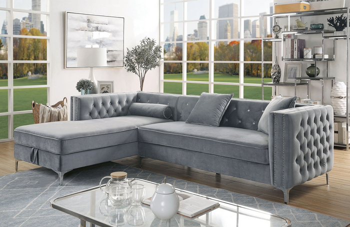 Amie Diamond Button Tufted Sectional With Storage (Grey)
