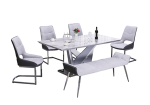 White and grey Faux Marble 6pc Dining Set with Bench
