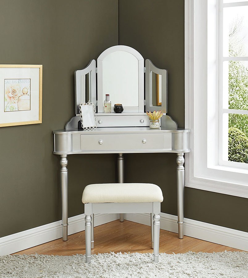 grey corner dressing table Modern Gray Lighting Makeup Vanity Table with Flip Top Mirror & 2-Door Stool IncludedHomary