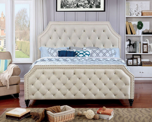 Claudine Crystal-Like Button Upholstered Bed (Beige)