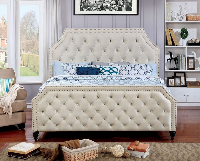 Claudine Crystal-Like Button Upholstered Bed (Beige)