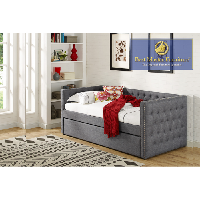 Marcie Linen Fabric w/ Nailheads Bed (Grey)