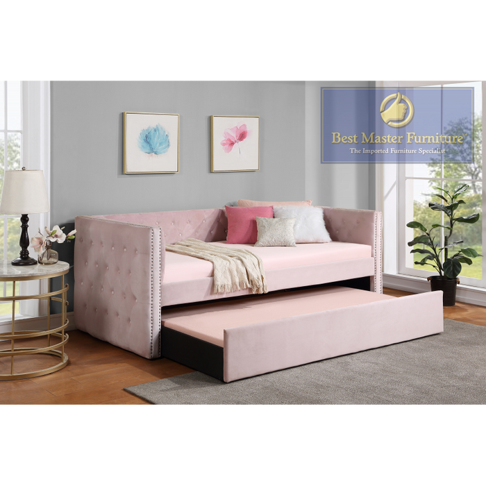 Marcie Velvet Fabric w/ Nailheads Bed (Pink)