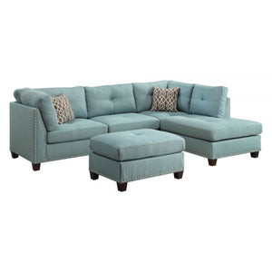 Laurissa Sectional Sofa and Ottoman In Light Teal Linen