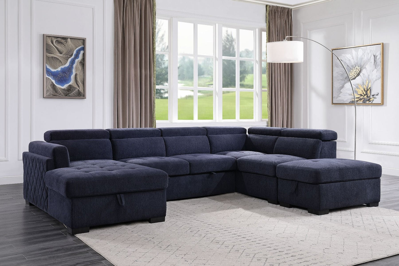 Nekoda Navy Storage Sleeper Sectional Sofa And Ottoman Blue Fully Furnished