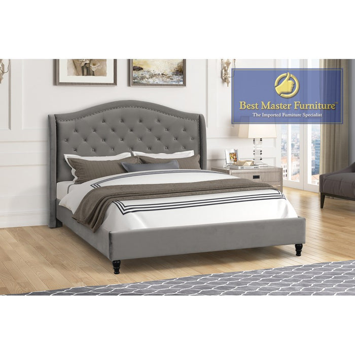Nick Velvet Upholstered Queen Bed (Grey)