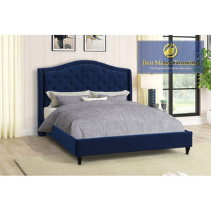 Nick Velvet Upholstered Queen Bed (Blue)